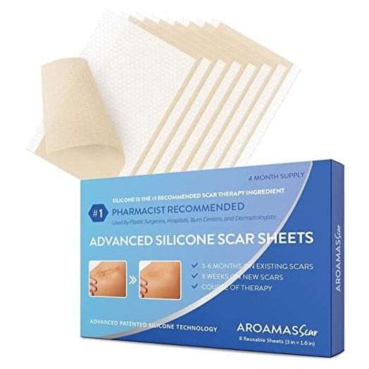 Aroamas Professional Silicone Scar Sheets, Soften and Flattens Scars Resulting from Surgery, Injury, Burns, C-Section and More, Soft Silicone Scar Strips [3"x1.57", 8 Sheets for 4 Month Supply]