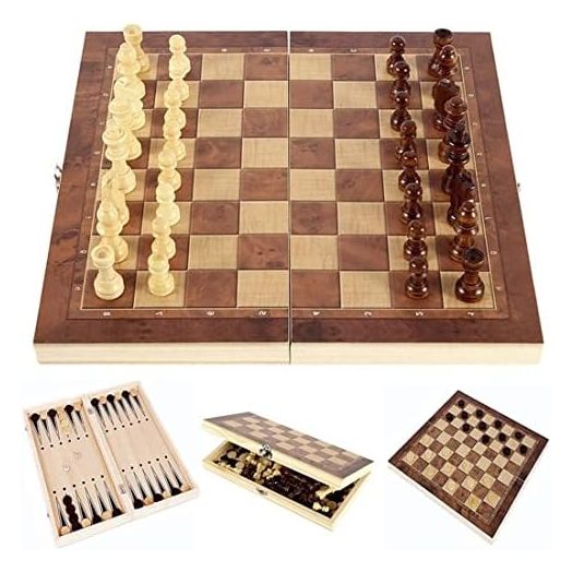 Chess Set,Folding Storage Wooden Chess Board Sets,3 in 1 Chess Board Game for Adults and Kids (Chess,Backgammon,Checkers),Exquisite Wooden Chess Set