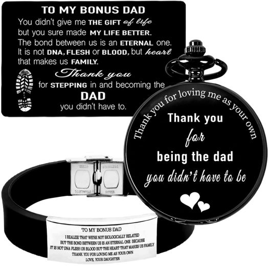 for Bonus Dad from Daughter Son Wife,Bonus Dad Bracelet,Bonus Dad Pocket Watch,Bonus Dad Wallet Card,to My Bonus Dad,Stepfather Gifts from Daughter,Birthday Gifts for Bonus Dad