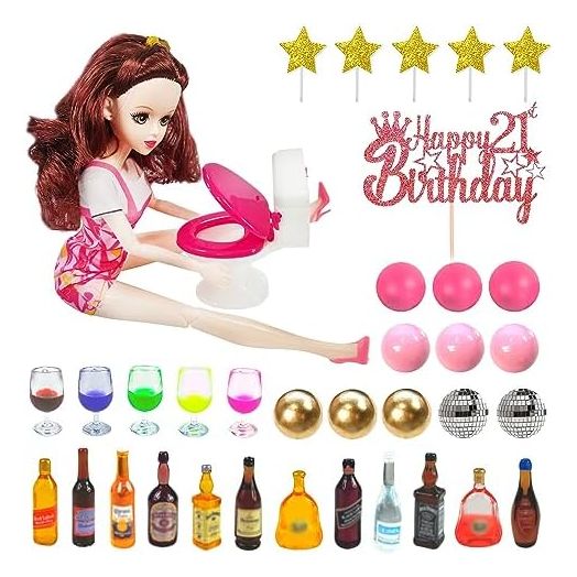 Mini Wine Bottles Cake Toppers With 12 Mini Wine Bottles 5 Mini Wine Glasses 1 Toilet Toy 1 Beauty Doll 21st Birthday Cake Topper for Celebrating Birthday 21st Girl Party (Brown)