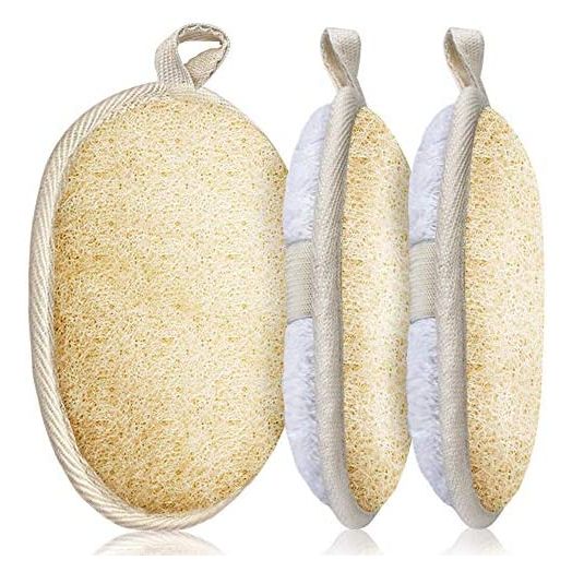 3 Packs Exfoliating Loofah Sponge Pads,Large 5”x 7”-100% Natural Luffa and Terry Cloth Materials,Premium Loofa Sponge Scrubber Body Glove Close Skin for Men and Women,Perfect for Bath Spa and Shower