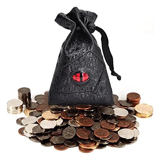 DND Metal Coins Set of 60 with Leather Pouch - Gaming Tokens, Pirate Treasure, Accessories & Props for Board Games, Dungeons and Dragons, Tabletop RPGs and LARP