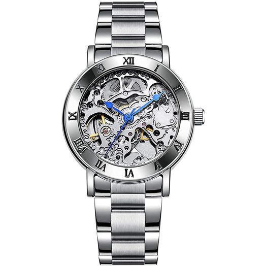 Luxury Women's Automatic-self-Wind Watch Ladies Fashion Full Steel Band Skeleton Waterproof Mechanical Women Wrist Watch (Silver)