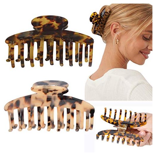 Big Claw Hair Clips 3.8 Inch Tortoise Banana Hair Clips for Women Girls Thin Hair French Design Celluloid Leopard Print Strong Hold Hair Clips for Thick Hair , 2 Color Available (2 Packs)