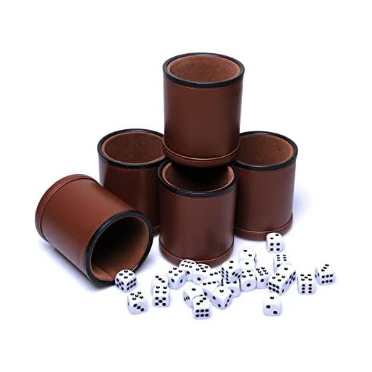 PU Leather Dice Cups Felt Lining Quiet Shaker with 30 Dot Dice for Bar Party Yahtzee Farkle Dice (5 Pack)