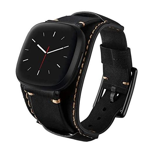 Sjiangqiao Compatible with Fitbit Sense/Versa 3 Bands Genuine Leather Cuff Band Replacement Strap with Stainless Steel Clasp Compatible for Fitbit