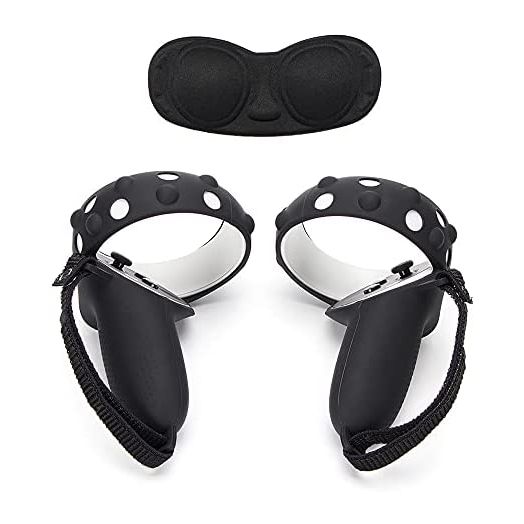VR Controller Grips Cover with Anti-Throw Knuckle Strap + Lens Protector Cover for Quest 2 (Black)