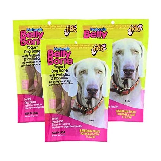 Fido Dental Care Belly Bones for Dogs, Yogurt Flavor - 8 Medium Treats Per Pack, Pack of 3 - Safely Digestible Chew that Promotes Plaque and Tartar Control-Helps to Support Your Dog’s Digestive Health