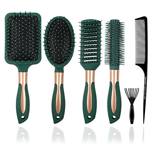Mens Paddle Hair Brush Comb Set for Women and Men 6 Pcs Wet Hair Brushes for long Hair No Tangle Hair Brush for Curly or Straight Hair (Dark Green)