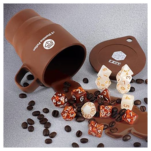DND Coffee & Sugar Themed Dice Set (14 PCS) with +3 Stamina Potion Silicone Mug for Storage