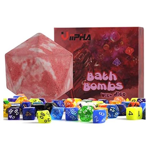 Huge D20 Bath Bombs with Full Surprise Set of Polyhedral Dice Inside, D&D Inspired Dragon Blood Bath Bomb 11oz with Gift Box - Perfect for Dungeon Master, Player and Tabletop RPG Nerd
