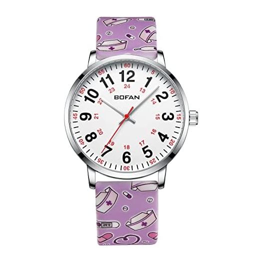 BOFAN Nurse Watch for Nurse,Medical Professionals,Students,Doctors with Various Medical Scrub Colors,Easy to Read Dial,Second Hand and 24 Hour,Soft Comfort Print Silicone Band,Water Resistant.