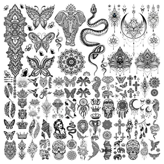 Shegazzi 58 Sheets Black Lace Temporary Tattoos For Women Girls, Large Lotus Mandala Flower Snake Elephant Butterfly Fake Tattoos Adults Kit, Indian Tribal Skull Tattoos Arm Sleeve Neck Tatoos Wedding