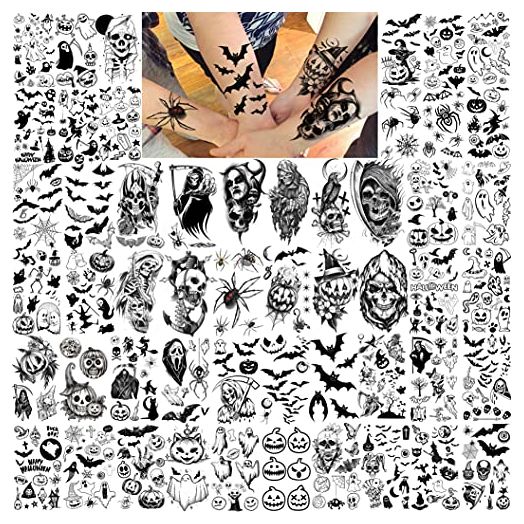 Shegazzi 52 Sheets Halloween Temporary Tattoos For Kids Boys Girls Women Men, 3D Scary Skull Skeleton Fake Tattoos Sticker For Adults, Small Ghost Vampire Bat Pumpkin Spider Temp Transfer Tatoos Devil