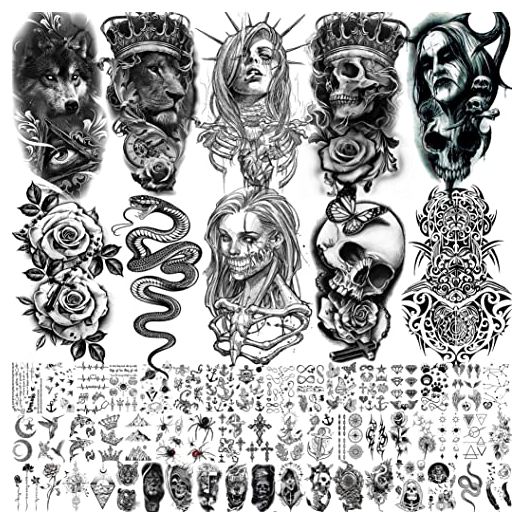 Shegazzi 62 Sheets Wolf Lion Skeleton Temporary Tattoos For Men Women Arm, 3D Realistic Tattoo Stickers For Adults Kids Neck, Black Scary Skull Halloween Vampire Fake Tatoos Snake Flower Compass