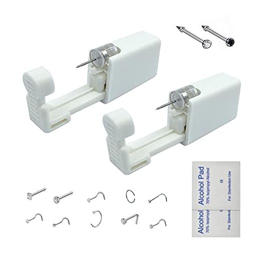 2 Pack Nose Piercing Kit, GCHSSS Disposable Safe Sterile Piercing Unit For Self Nose Piercing Gun, Nose Stud Piercing Kit Tool with Free Nose Rings Hoop and Marker (White+Black)