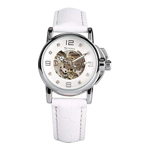 Luxury Women Automatic Watch Ladies White Leather Waterproof Automatic Mechanical Skeleton Watch