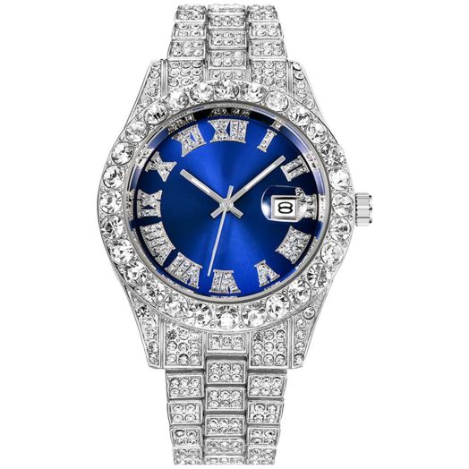 Unisex Crystal Watch Fashion Diamond Watch Mens Womens Full Iced-Out Watches Luxury Diamond Bracelet Watch (Silver blue)