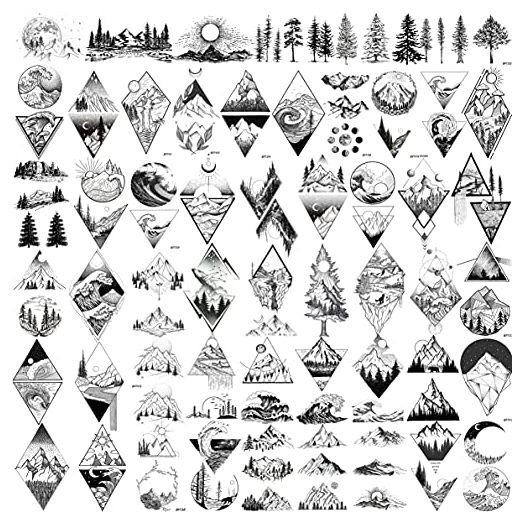GOROMON 52 Sheets Small Black Mountain Temporary Tattoos For Men Women Adult, Geometric Sea Weave Forest Pine Tree Realistic Tattoo Sticker For Kids Children, Moon Sun Star Triangle Tatoos Outer Space