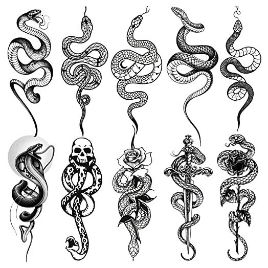 Goromon 10 Sheets Realistic Snake Temporary Tattoos For Women Men Forearm Arm Sexy 3D Tribal Cobra Mamba Viper Serpent Tattoos Temporary Adults Kids Fake Tattoos Sticker Black Sword Rose Flower Tatoos