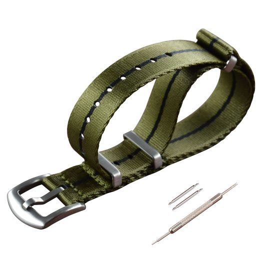 MZBUTIQ Watch Strap 22mm Seat Belt Green/Black/Green Nylon Watch Bands One-piece 4 Ring Watch Bracelet
