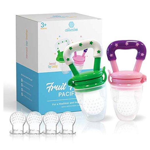 Ashtonbee 2-in-1 Baby Fruit Feeder and Teething Toy, Ultra-Soft Silicone Teether Feeder for Baby Feeding and Teething Relief, Includes 1 Pink and 1 Green Teething Pacifiers for Babies