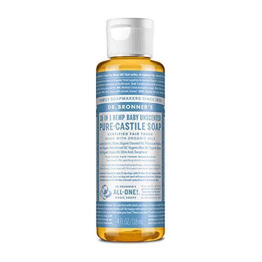 Dr. Bronners - Pure-Castile Liquid Soap (Baby Unscented, 4 Ounce) - Made with Organic Oils, 18-in-1 Uses: Face, Hair, Laundry, Dishes, For Sensitive Skin, Babies, No Added Fragrance, Vegan, Non-GMO