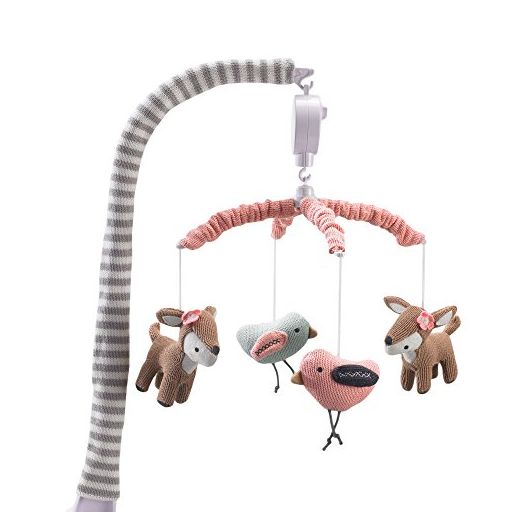 Lolli Living Baby Crib Musical Mobile w/Sparrow & Deers - Knitted Woodland Bird Safari Animal Characters | Hanging Decor w/Electronic Music Box for Newborn & Nursery Bedding/Crib | Baby Girl
