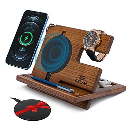 TESLYAR Wood Phone Docking Station Ash Key Holder Wallet Stand Watch Organizer Men Husband Wireless Charging Pad Slim Birthday Nightstand Purse Tablet Compatible with All Qi Devices