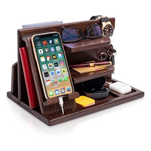 TESLYAR Wood Phone Docking Station Ash Key Holder Wallet Stand Watch Organizer Men Husband Wife Anniversary Dad Birthday Nightstand Purse Father Graduation Male Travel Idea Gadgets