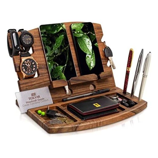 Natural Walnut Wood Phone Docking Station Phone Key Holder Wallet Stand Watch Organizer Men Husband Wife Anniversary Dad Birthday Nightstand Purse Father Graduation
