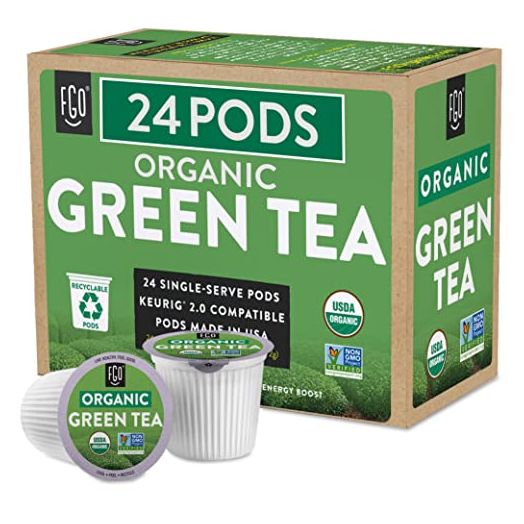 FGO Organic Green Tea K-Cup Pods, 24 Pods Keurig Compatible, Naturally Occurring Caffeine, Non-GMO, & Recyclable