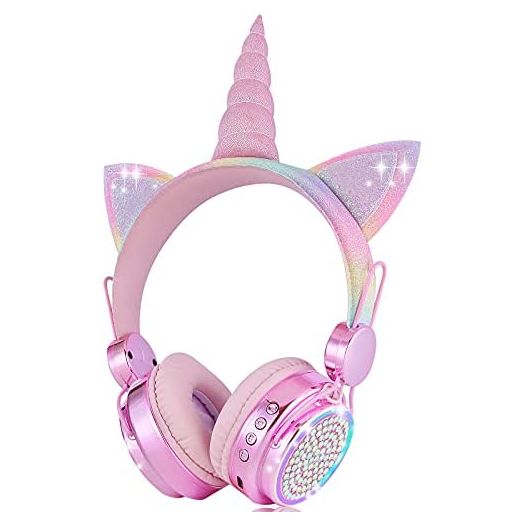 Kids Wireless Headphones for Girls Children Teens, LED Light Up Bluetooth Unicorn Headphones with Microphone for School/Xmas/Online Study/Unicorn Gifts (Pink Wireless)