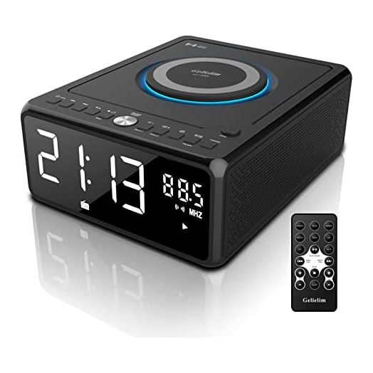 Gelielim CD Clock Radio, CD Player Boombox with Remote, Dual Alarm Clock with Wireless Charging, Clock Radios with Bluetooth for Bedroom, Sleep & Snooze, MP3/USB Music Player, Dimmable LED Display