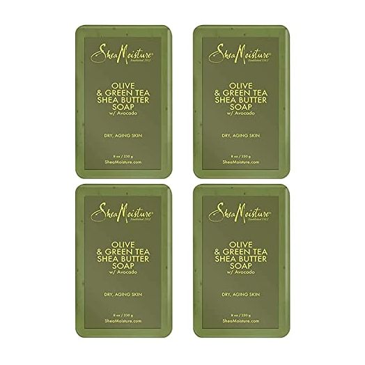 Shea Moisture Shea Butter Bar Soap, Olive & Green Tea, Essential Oils, Skin Care Routine, Olive Oil Soap Bar for Face & Body, Avocado Oil, Rich in Vitamin E, Sensitive Dry Skin (4 Pack - 8 Oz Ea)