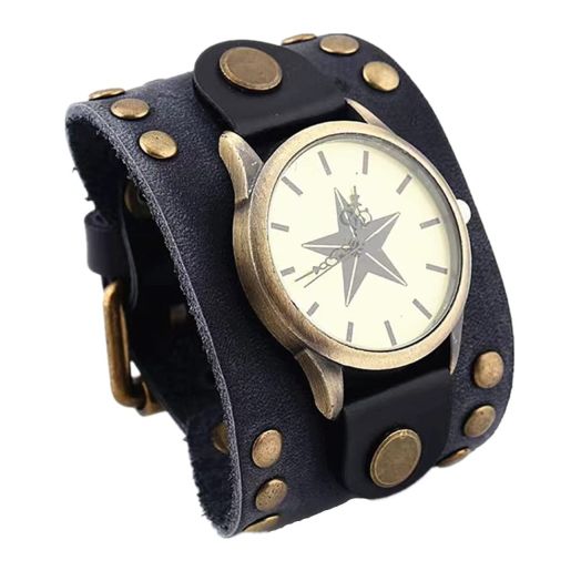 MINILUJIA Men's Wide Leather Casual Quartz Watch Bronze Big Dial Genuine Leather Soft Band Strap with Rivet Vintage Retro Punk (Black)