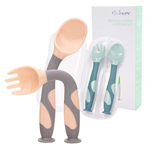 Baby Utensils Spoons Forks with Travel Safe Case for Toddler Babies Children Feeding Training Spoon Easy Grip Bendable Perfect Self Feeding Learning Stand Spoons Forks