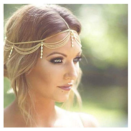 Denifery Gold Rhinestone Wedding Bridal Prom Bohemian Boho Grecian Head Chain Hair Jewelry Head Piece Bollywood Bride Glamorous