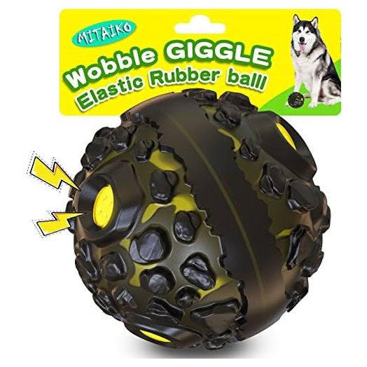 Dog Toy Ball for Aggressive Chewers, Interactive Fetch Dog Ball with Fun Squeaky Wobble Giggle Sound, Durable for Small Medium Large Dogs, Non-Toxic Rubber Pet Chew Toys, Black & Yellow