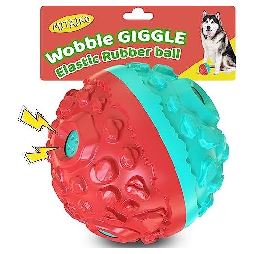 Dog Toy Ball for Aggressive Chewers, Interactive Fetch Dog Ball with Fun Squeaky Wobble Giggle Sound, Durable for Small Medium Large Dogs, Non-Toxic Elastic Rubber Pet Chew Toys, Blue & Red