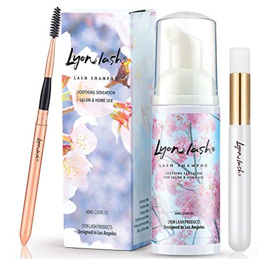 Eyelash Extension Shampoo - Lyon Lash Eyelid Foam Cleanser/Gentle Formula for Sensitive people/Paraben & Sulfate Free/Remove Eye Makeup & Oil & Dust/For Salon and Home Use (60ml + 1 mascara wand + 1 cleansing brush)