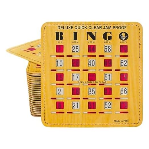 MR CHIPS Jam-Proof Quick-Clear Deluxe Fingertip Slide Bingo Cards with Sliding Windows - 25 Pack in Woodgrain Style