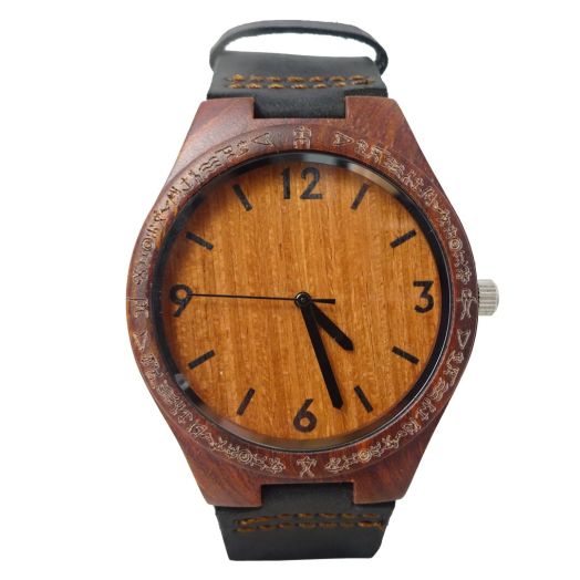 Handmade Redsandal Wood Watch with Hawaiian Petroglyphs and Cowhide Leather Strap Brand - HGW-23RS45