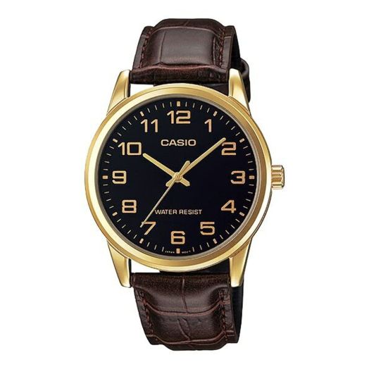 Casio MTP-V001GL-1B Men's Gold Tone Leather Band Easy Reader Black Dial Watch