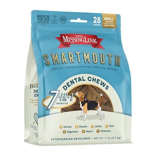 The Missing Link Smartmouth Vet Developed Dental Chew Treats, 7-in-1 Benefits: Healthy Teeth & Gums, Breath, Skin, Joints, Digestion, Heart, Immune System – Small/Medium 15-50lb Dogs