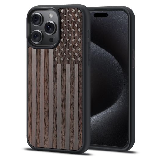 iPhone 15 Pro Max Case Wood, Patriotic US Police American Flag Wooden. All-Round Protection Shockproof Anti-Scratches Country Cover (Ebony Wood)