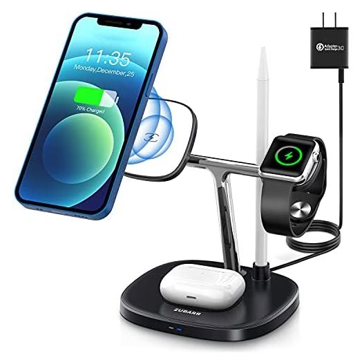 ZUBARR 4 in 1 Fast Wireless Charger, Magnetic Wireless Charging Station Compatible with iPhone 13/12/12 Pro/12 Pro Max/12 Mini, iWatch SE/6/5/4/3/2, Airpods 2/Pro and Pencil 1nd with QC 3.0 Adapter