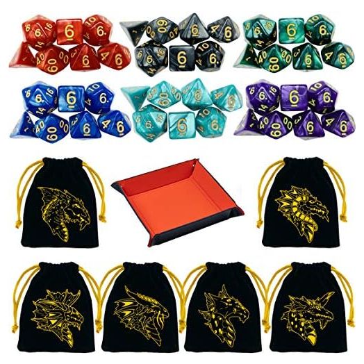 6 Sets DND Dice Polyhedral Dice Dungeons and Dragons Rolling Dice for RPG MTG Table Games Dice Bulk with Free Six Drawstring Bags and PU Leather D&D Dice Tray