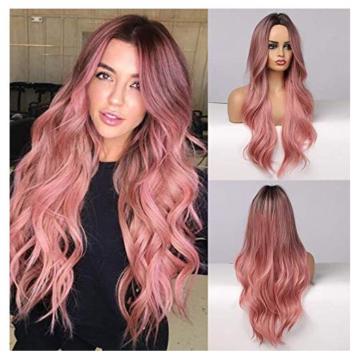 piaou Ombre Black to Pink Wig Synthetic Wigs for Women Long Natural Wave Heat Resistant Hair Wigs Natural Looking (Ombre Black to Pink)