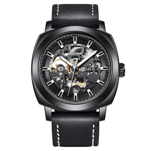 BENYAR Automatic Mechanical Watches for Men Skeleton Black Leather Watch Waterproof Business Men's Wrist Watches